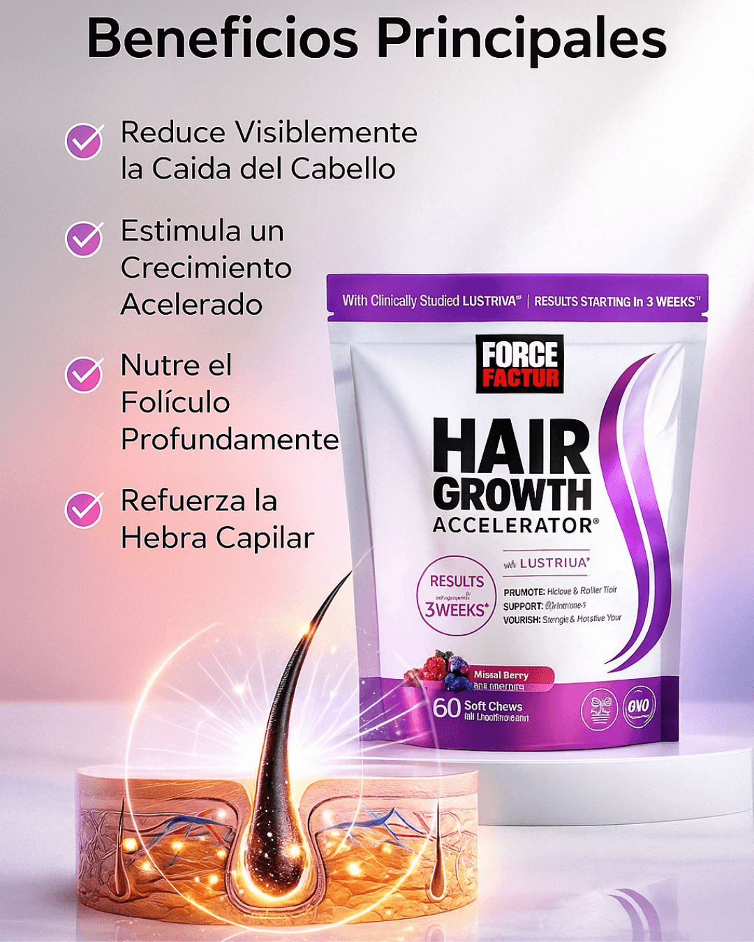 Reduce visiblemente la caída del cabello en solo 3 semanas con el primer acelerador capilar interno con Lustriva®